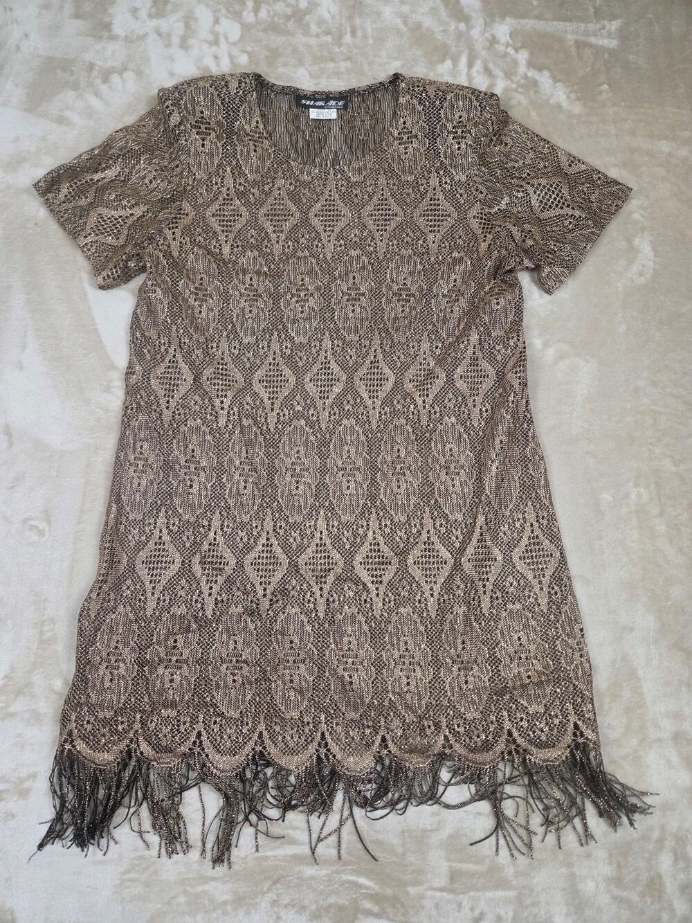 Sharade Nites metallic gold lace fringe flapper-style short-sleeve dress